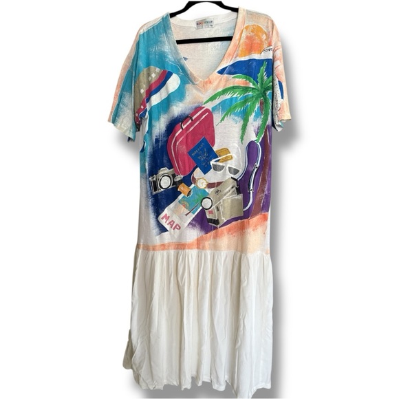Vintage 80s 90s KolorWay Travel Theme Painted Gauze Skirt Dress Size XXL